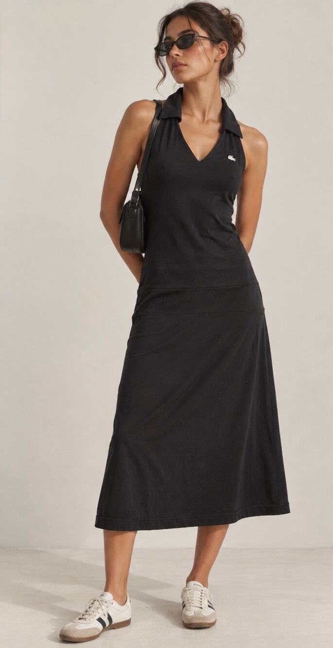 Lacoste Made in France Black Halter Polo Collar Drop Waist Midi Maxi Dress Sz 40